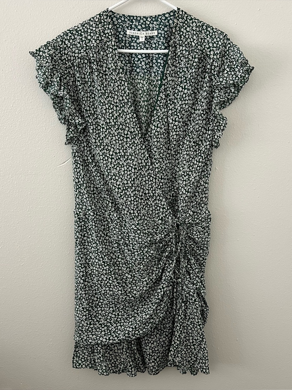 Veronica Beard Marla Dress Silk Green Floral Ruched Flutter Sleeve Surplice 10